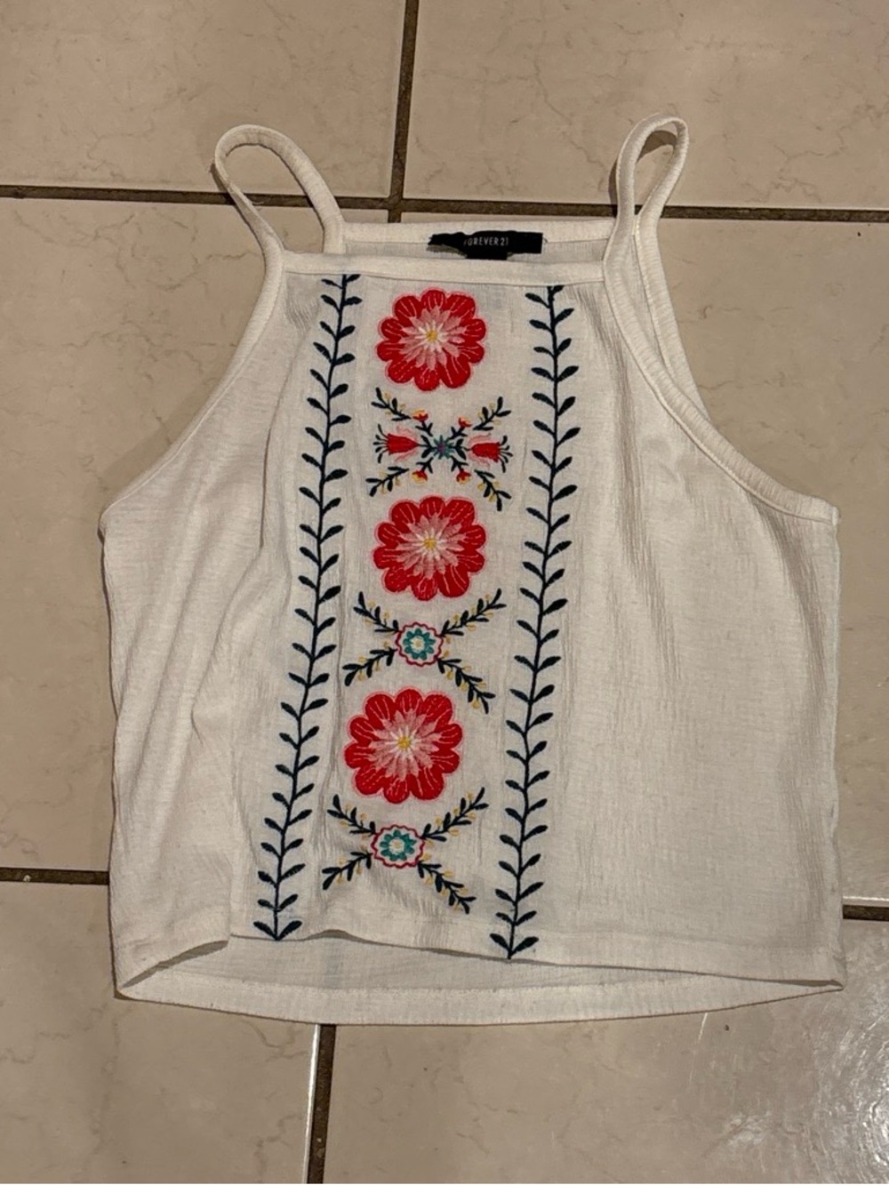 Forever 21 White Cropped Tank with Red Floral Embroidery